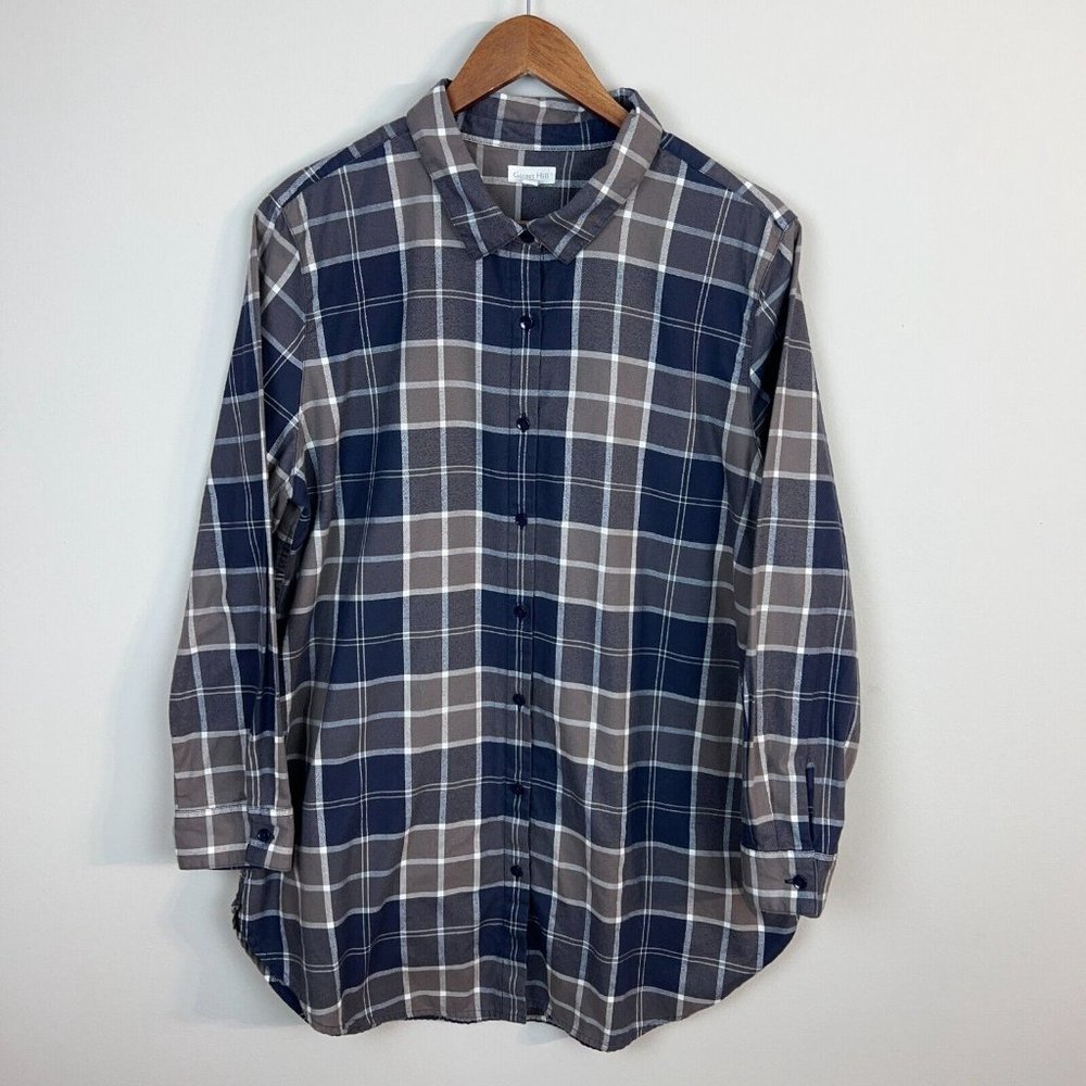 Garnet Hill Flannel Tunic Button Up Shirt 16 Gray Plaid‎ Organic Cotton